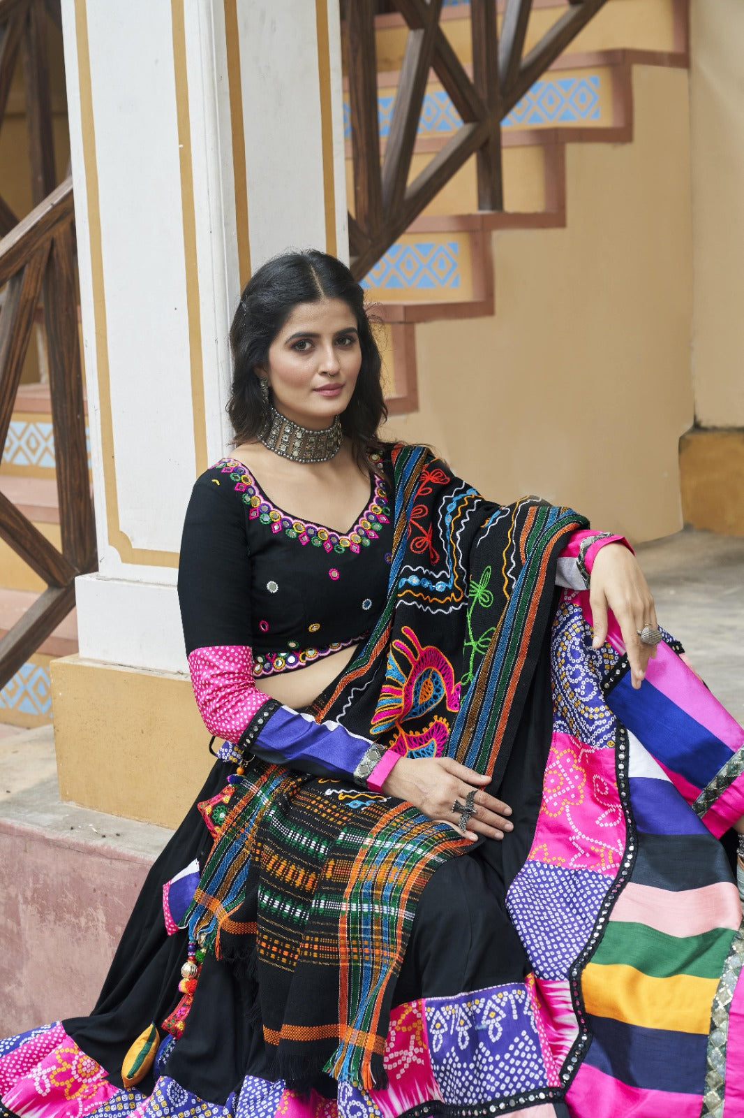 Black Viscose Rayon Embroidered Navratri Lehenga Choli