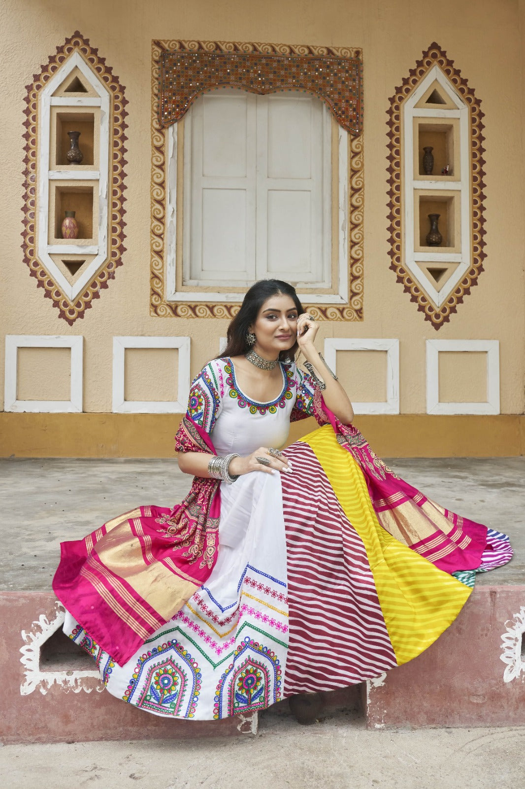 White Muslin Cotton Embroidered Navratri Lehenga Choli