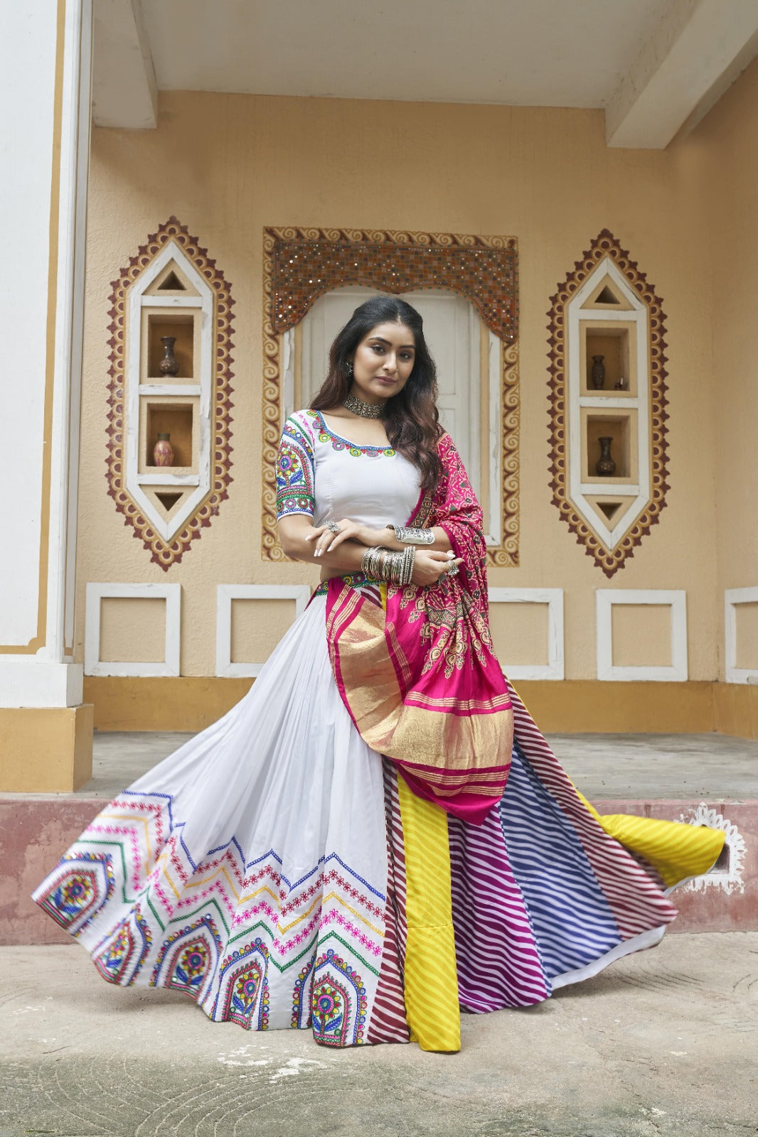 White Muslin Cotton Embroidered Navratri Lehenga Choli