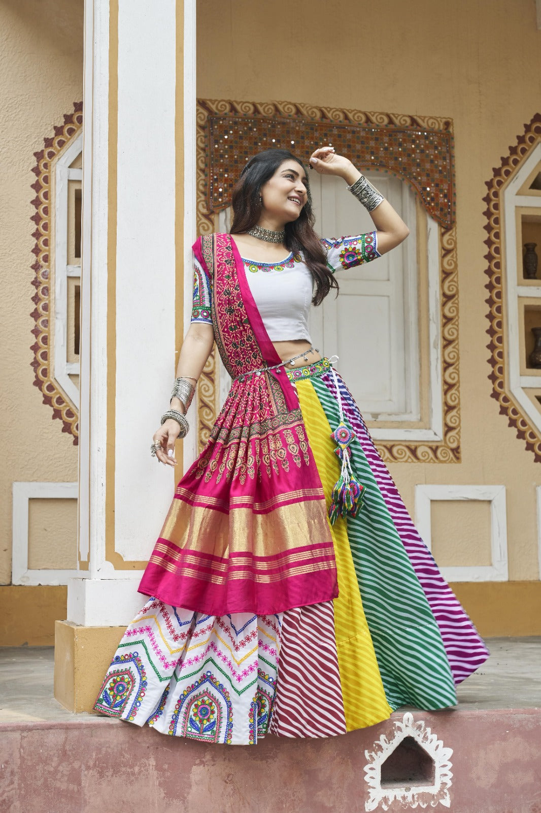 White Muslin Cotton Embroidered Navratri Lehenga Choli