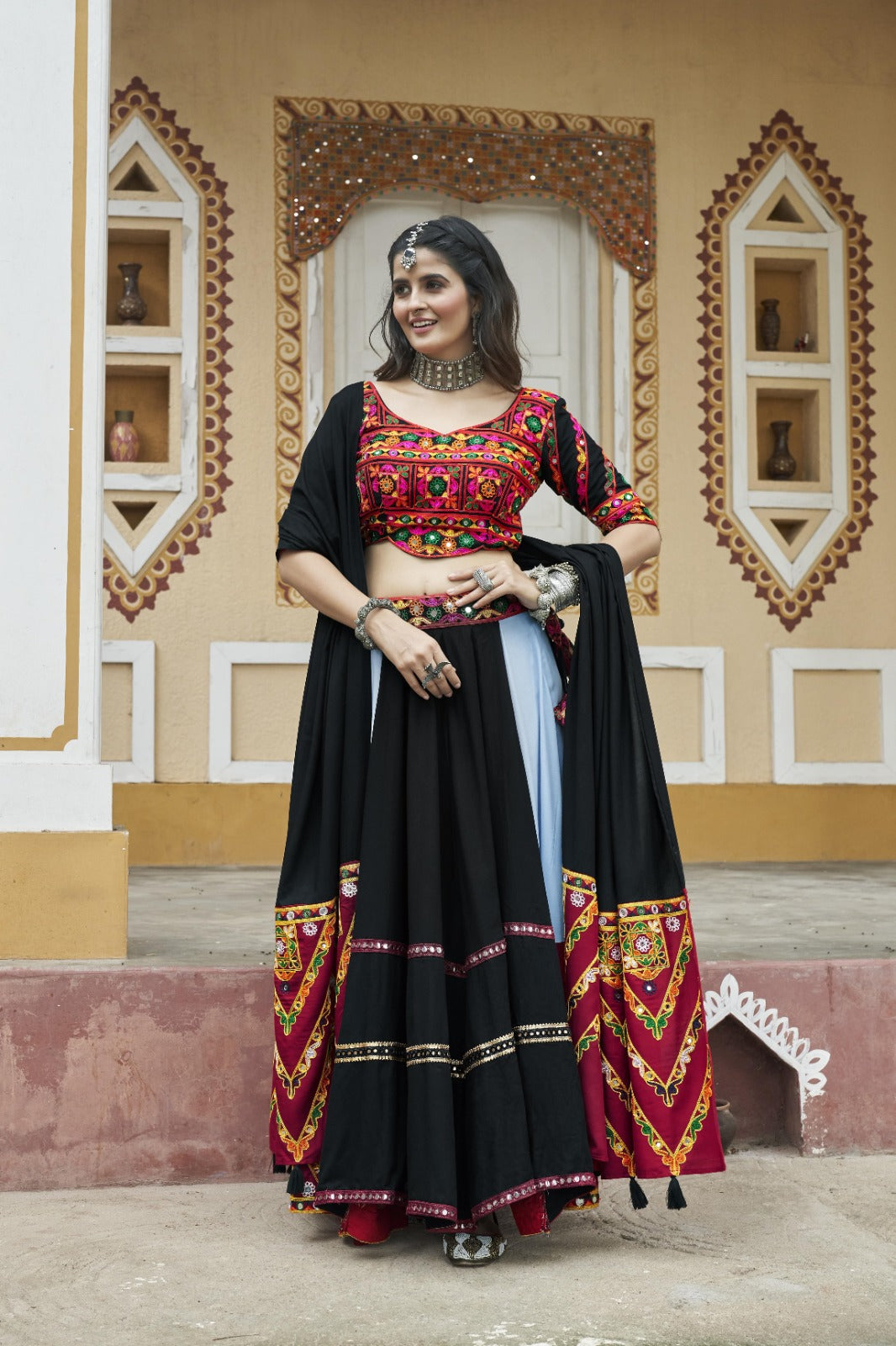 Sky Blue & Black Viscose Rayon Embroidered Navratri Lehenga Choli