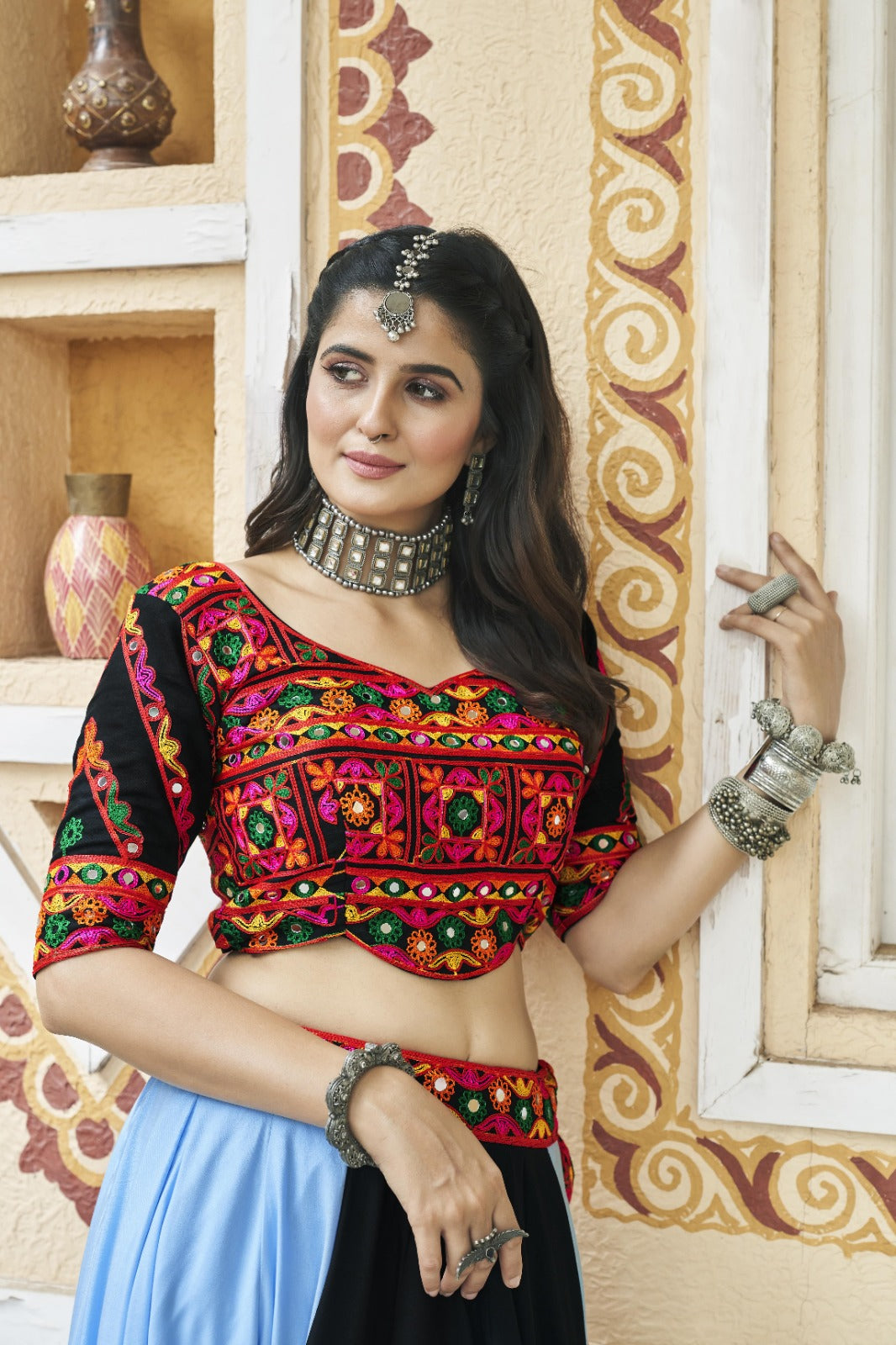 Sky Blue & Black Viscose Rayon Embroidered Navratri Lehenga Choli