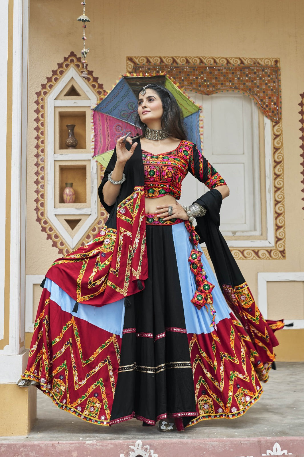 Sky Blue & Black Viscose Rayon Embroidered Navratri Lehenga Choli