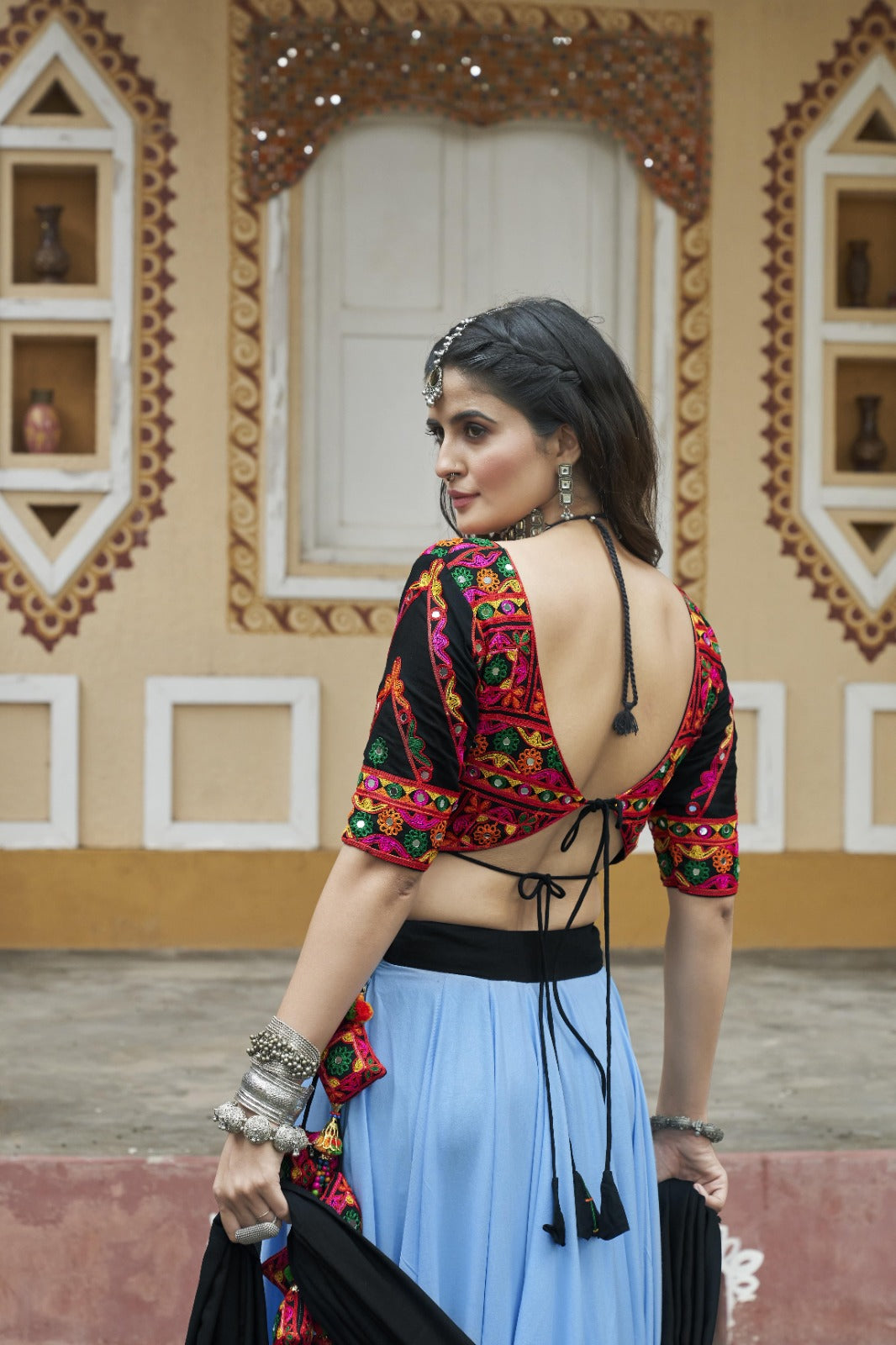 Sky Blue & Black Viscose Rayon Embroidered Navratri Lehenga Choli