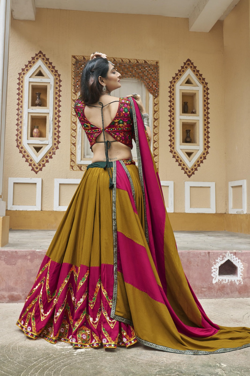 Mustard Yellow Viscose Rayon Embroidered Navratri Lehenga Choli