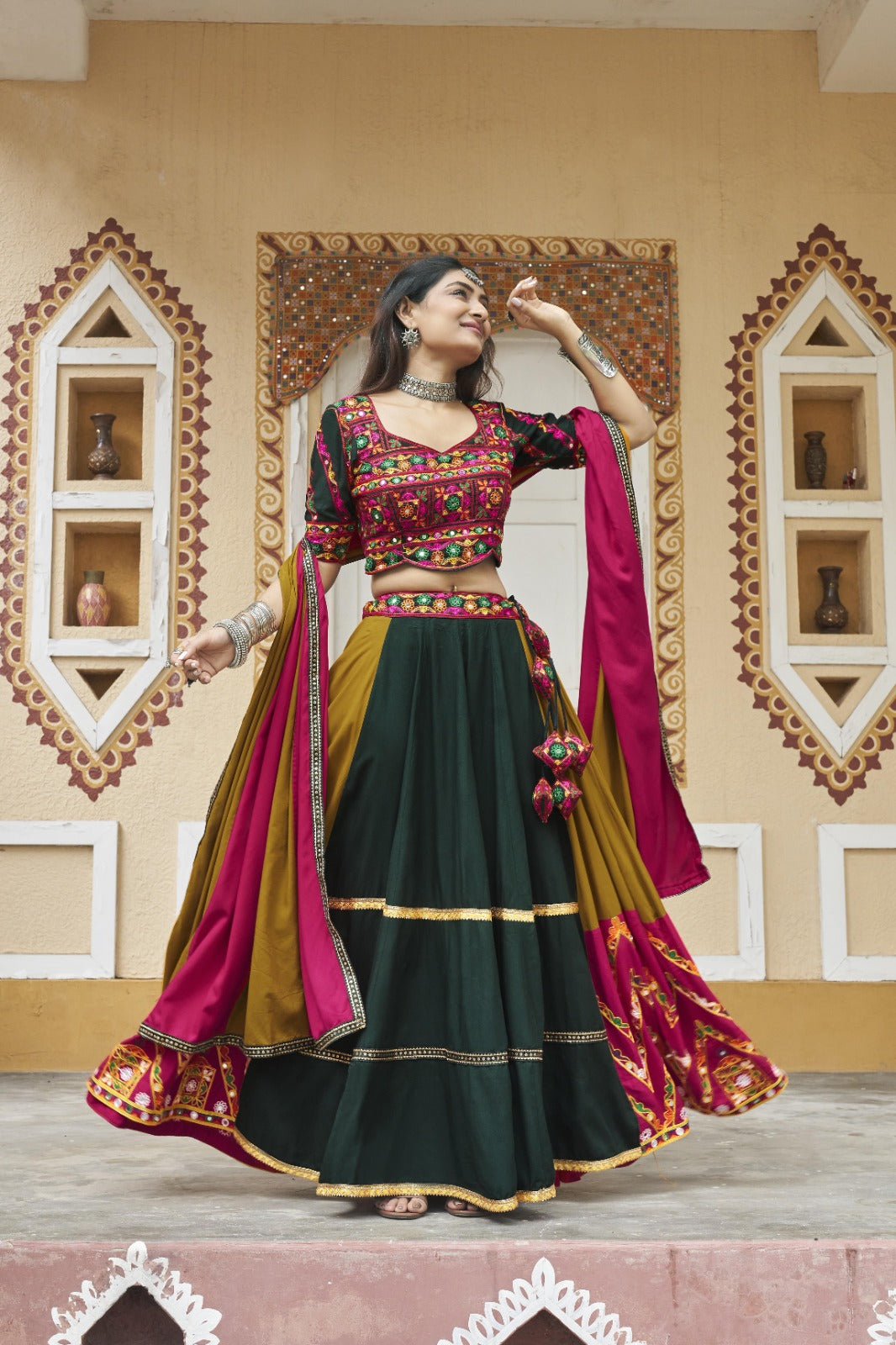 Mustard Yellow Viscose Rayon Embroidered Navratri Lehenga Choli
