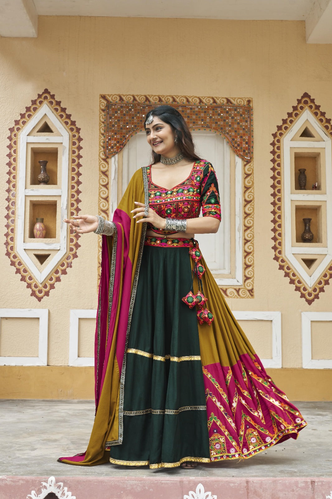 Mustard Yellow Viscose Rayon Embroidered Navratri Lehenga Choli