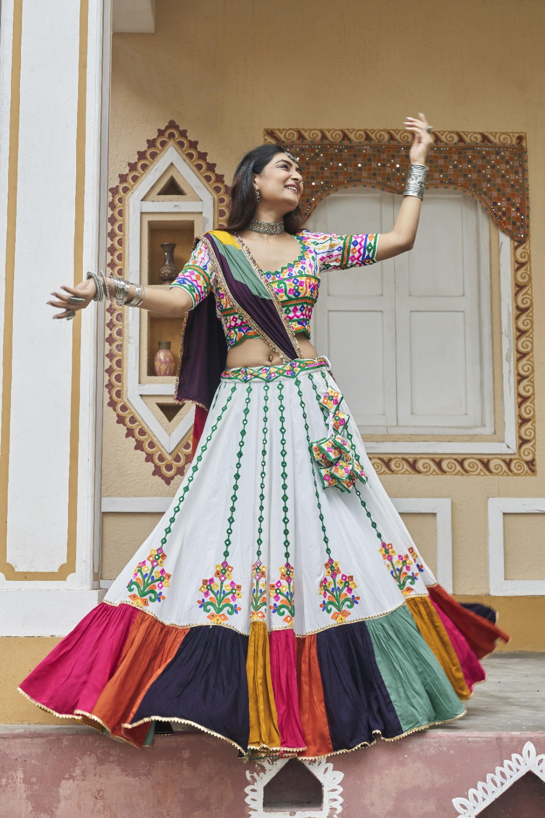 White Viscose Rayon Embroidered Navratri Lehenga Choli