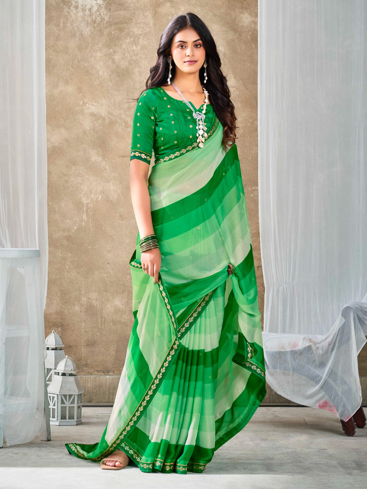 Apple Green Chiffon Georgette Printed Saree With Blouse