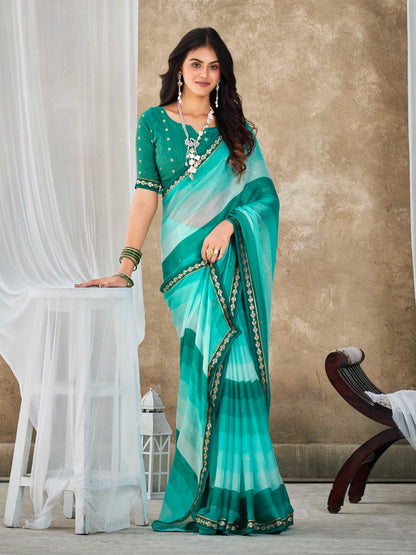 Sky Blue Chiffon Georgette Printed Saree With Blouse