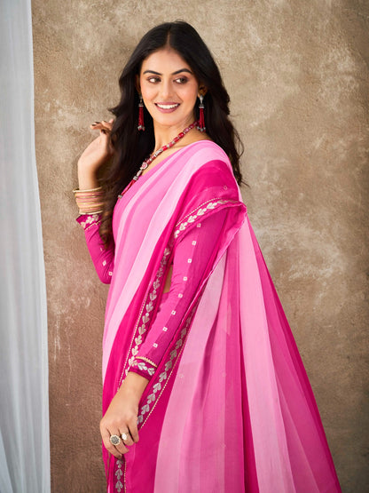 Fancy Pink Chiffon Georgette Printed Saree With Blouse