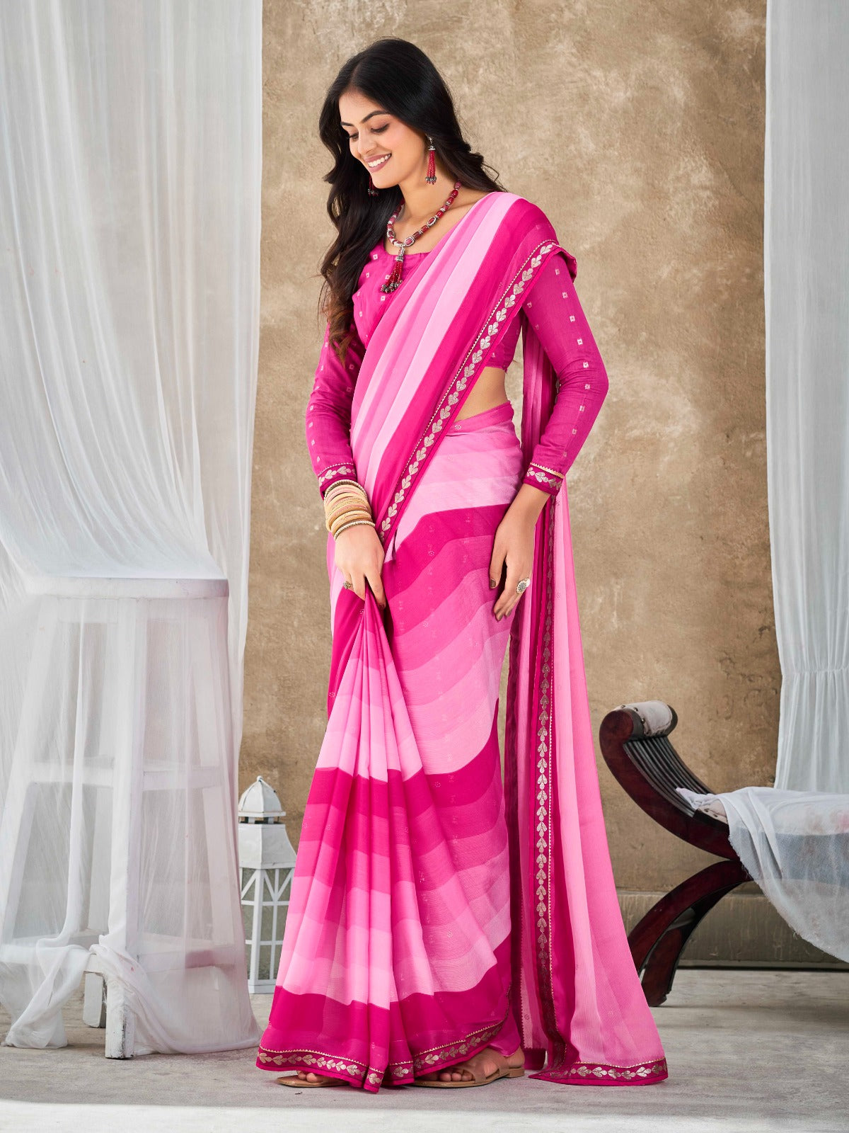 Fancy Pink Chiffon Georgette Printed Saree With Blouse