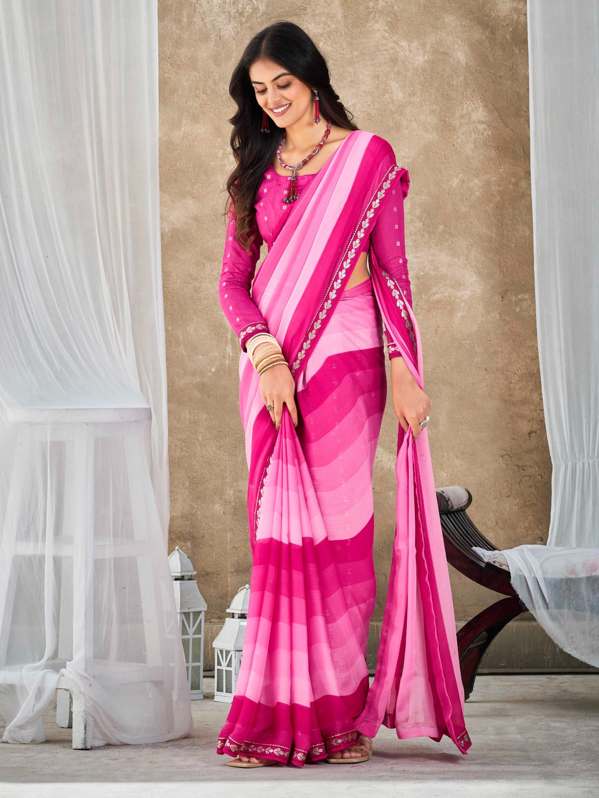 Fancy Pink Chiffon Georgette Printed Saree With Blouse – Shopgarb
