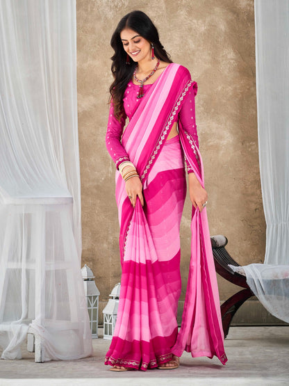 Fancy Pink Chiffon Georgette Printed Saree With Blouse