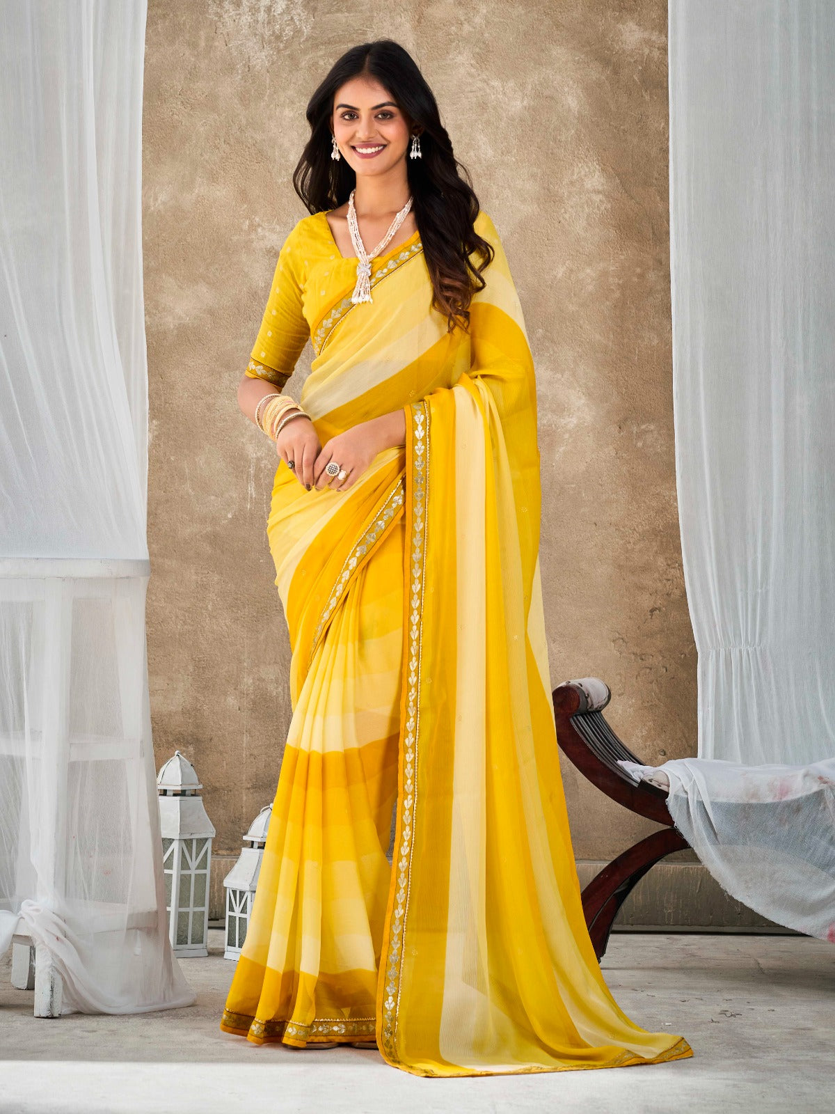 Pastel Yellow Chiffon Georgette Printed Saree With Blouse