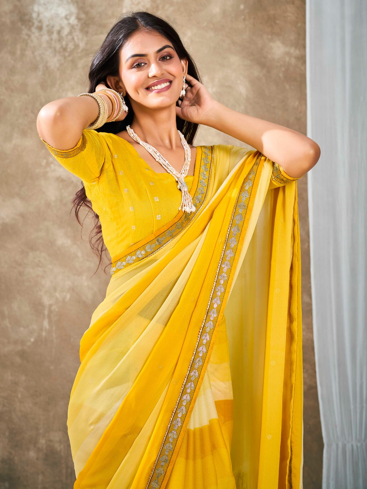 Pastel Yellow Chiffon Georgette Printed Saree With Blouse