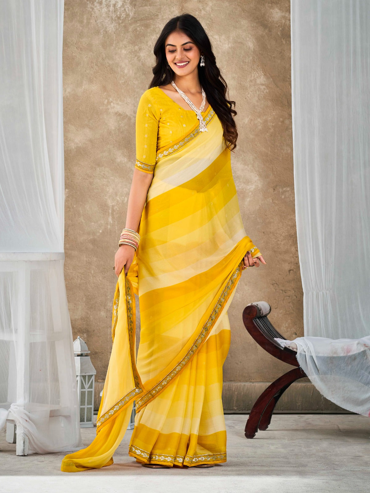 Pastel Yellow Chiffon Georgette Printed Saree With Blouse