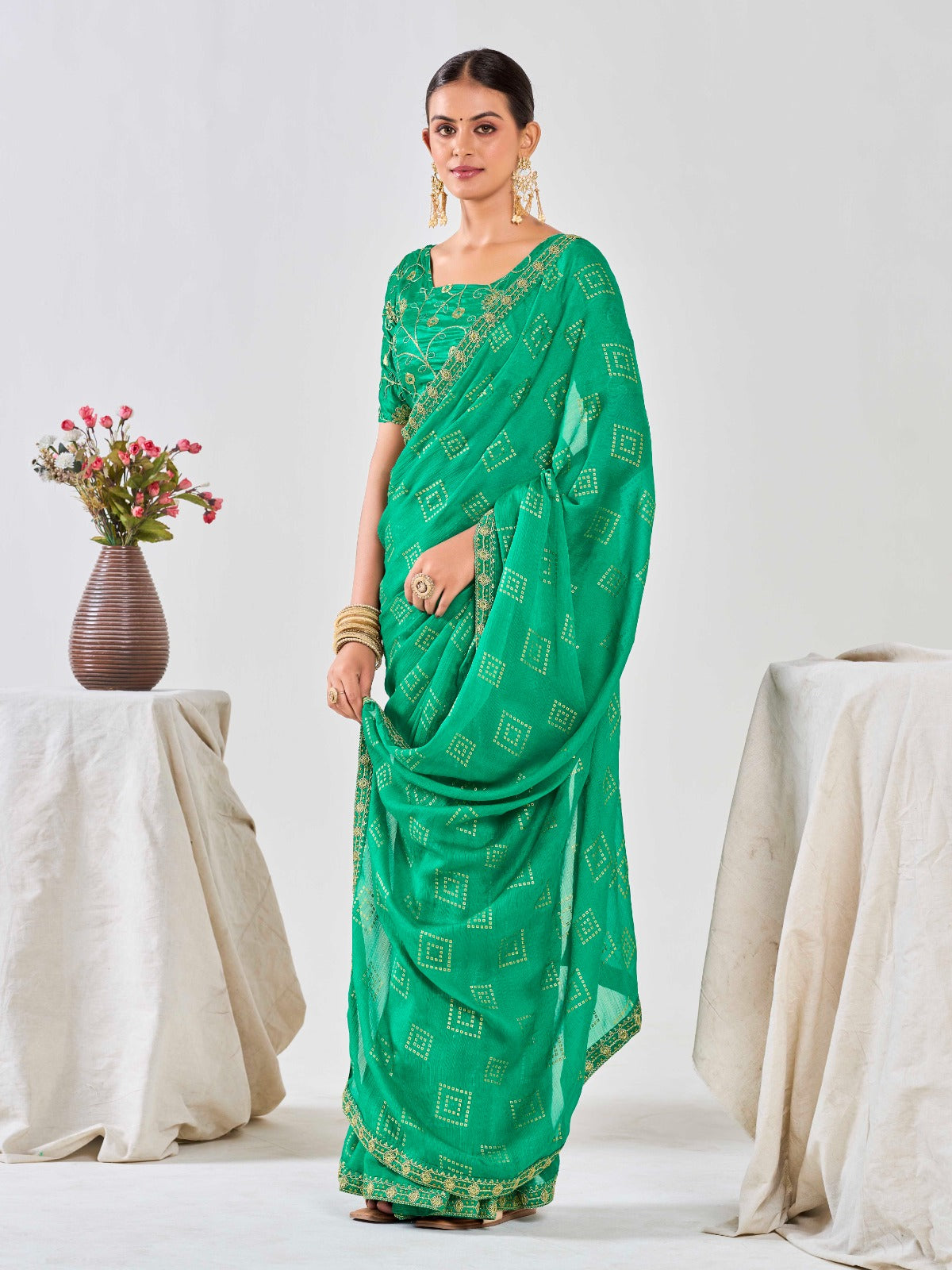 Teal Green Chiffon Georgette Foil Printed Saree With Embroidered Blouse