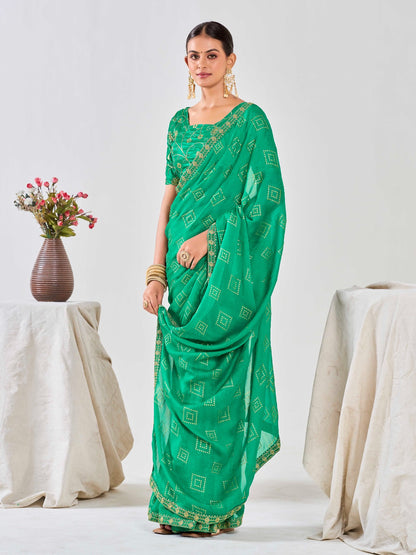 Teal Green Chiffon Georgette Foil Printed Saree With Embroidered Blouse