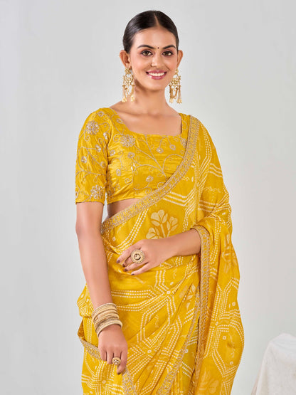 Yellow Chiffon Georgette Foil Printed Saree With Embroidered Blouse
