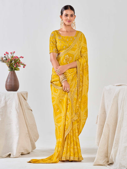 Yellow Chiffon Georgette Foil Printed Saree With Embroidered Blouse