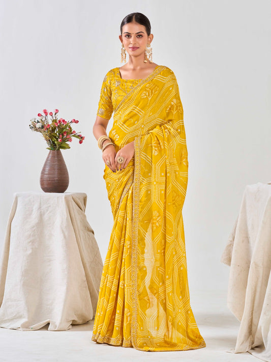 Yellow Chiffon Georgette Foil Printed Saree With Embroidered Blouse