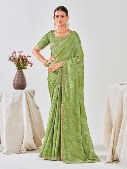 Pista Green Chiffon Georgette Foil Printed Saree With Embroidered Blouse