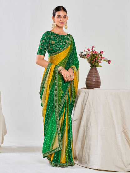 Green & Mustard Chiffon Georgette Foil Printed Saree With Embroidered Blouse