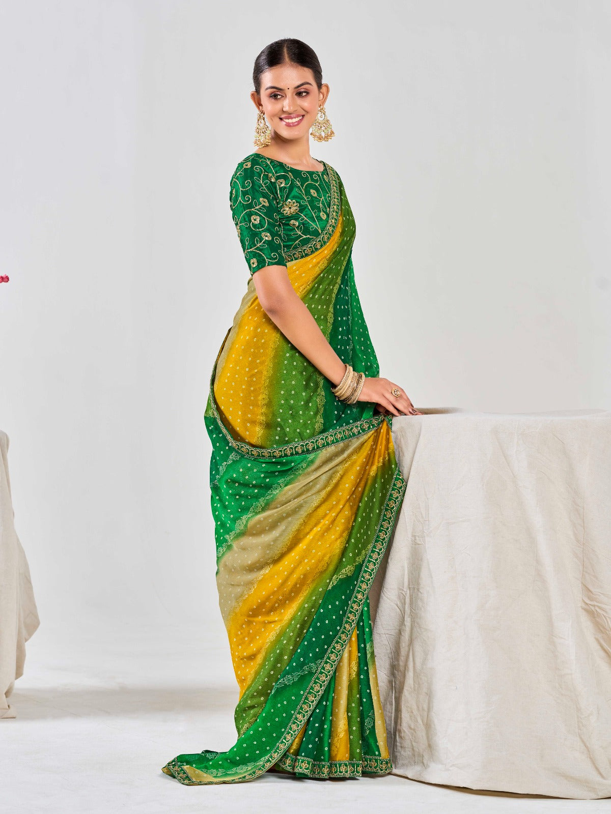 Green & Mustard Chiffon Georgette Foil Printed Saree With Embroidered Blouse