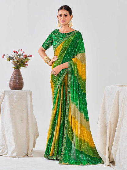 Green & Mustard Chiffon Georgette Foil Printed Saree With Embroidered Blouse