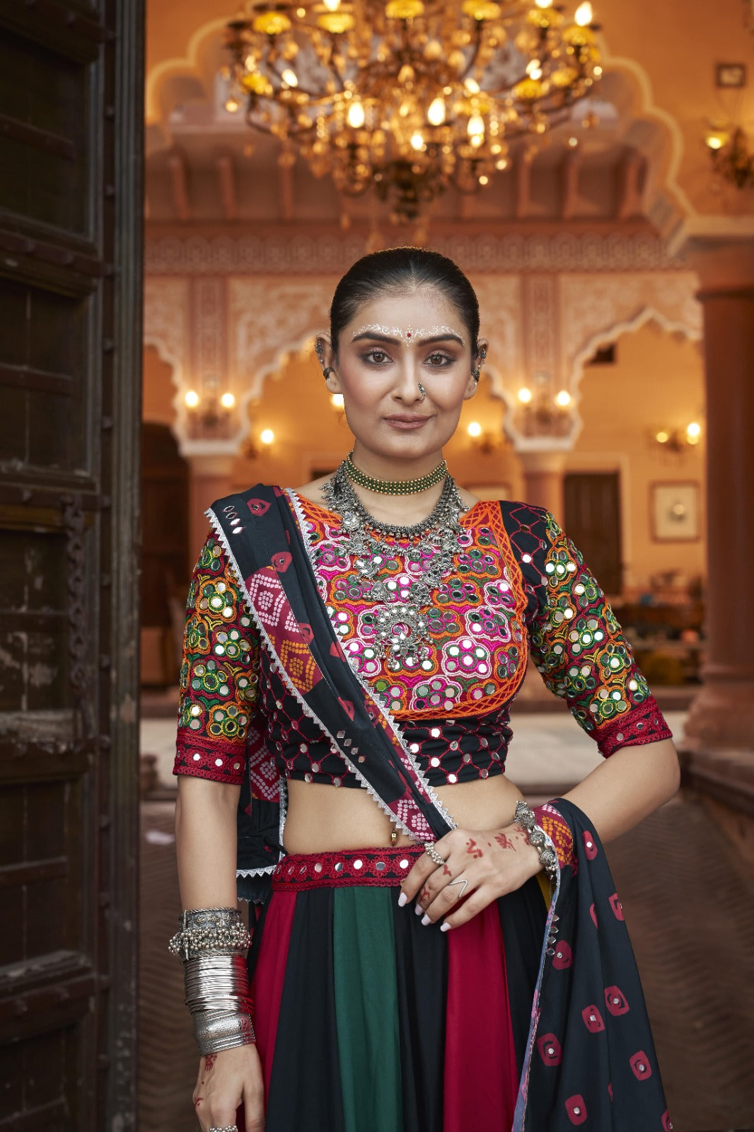 Multicolor Viscose Rayon Embroidered Navratri Lehenga Choli