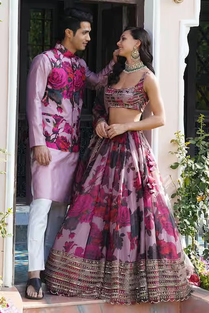 Peach pink Floral Print Silk Sequins Work Lehenga choli & Mens Kurta Koti Couple Set