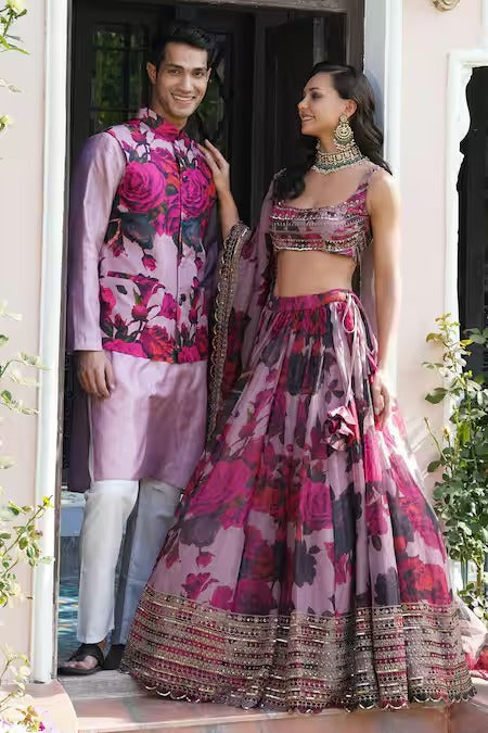 Peach pink Floral Print Silk Sequins Work Lehenga choli & Mens Kurta Koti Couple Set
