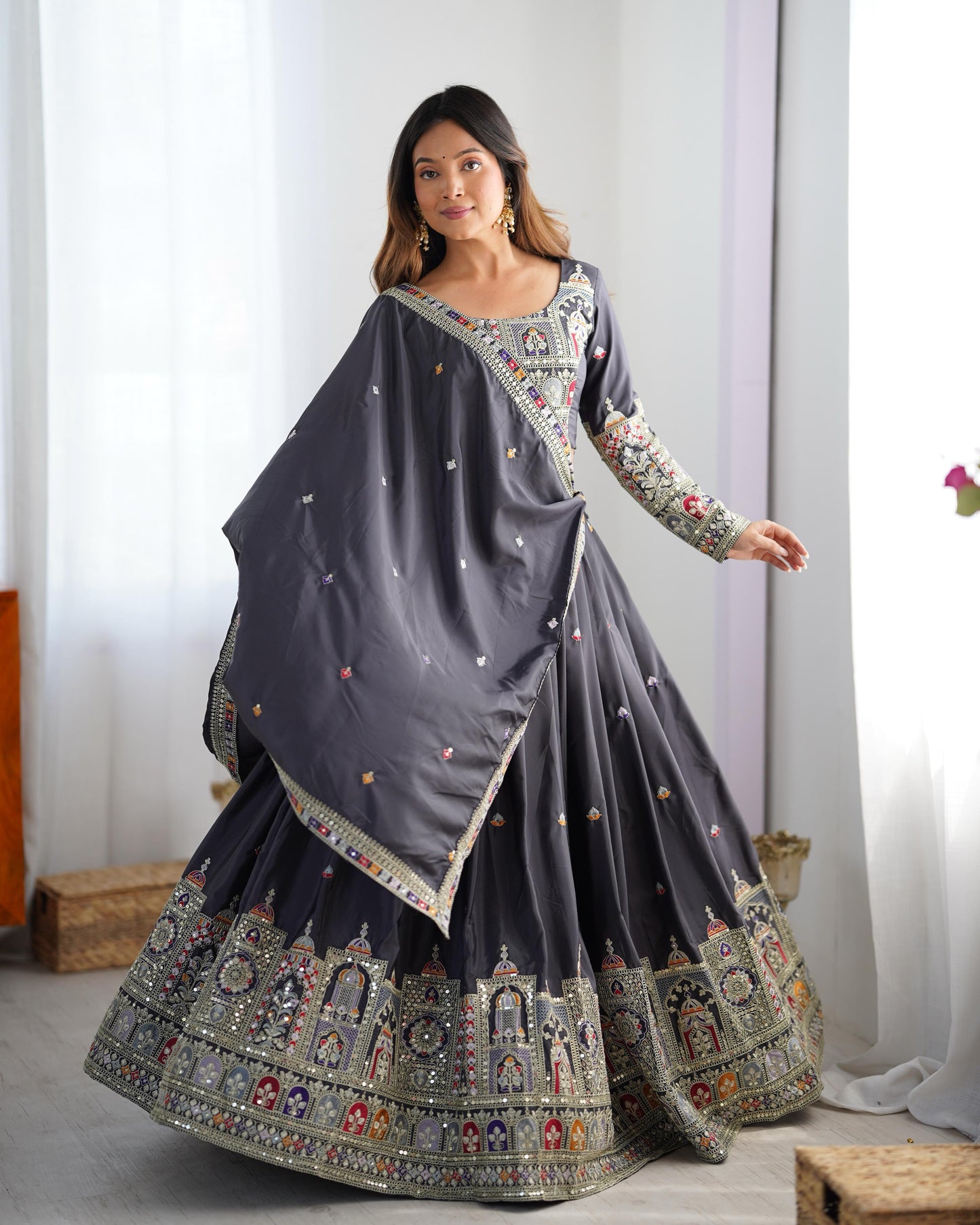 Natural Silk Black embroidery Lehenga Choli Set