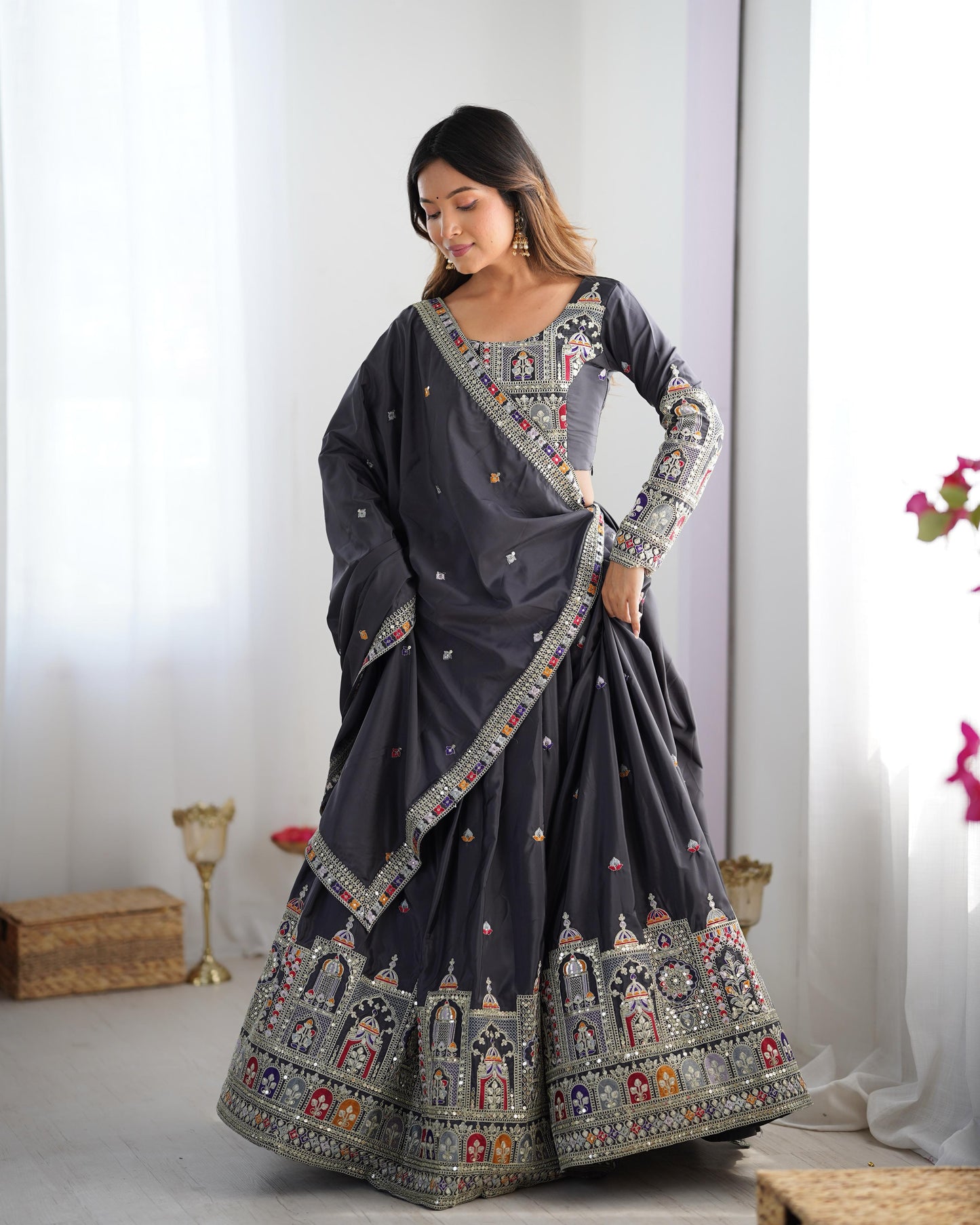Natural Silk Black embroidery Lehenga Choli Set
