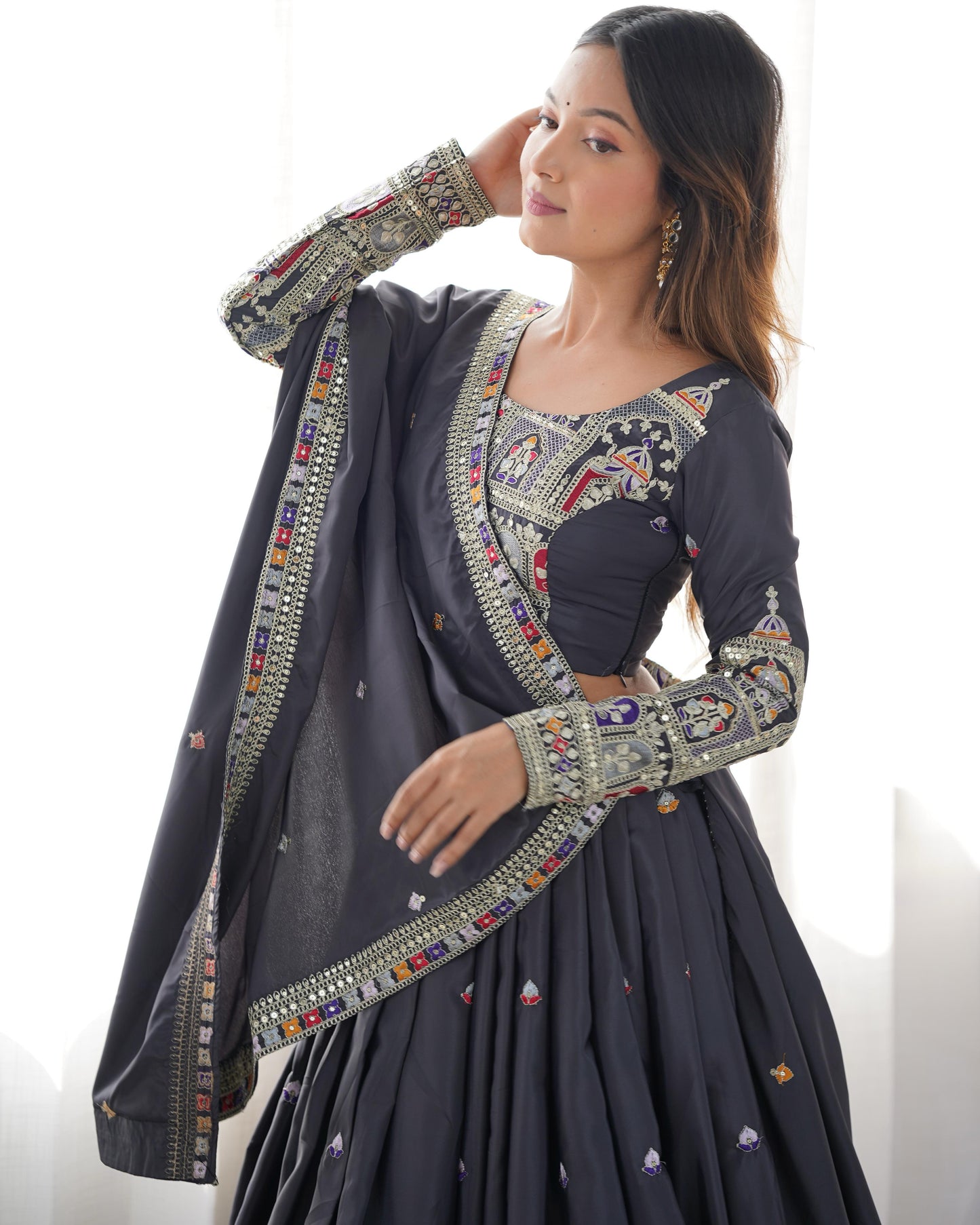 Natural Silk Black embroidery Lehenga Choli Set