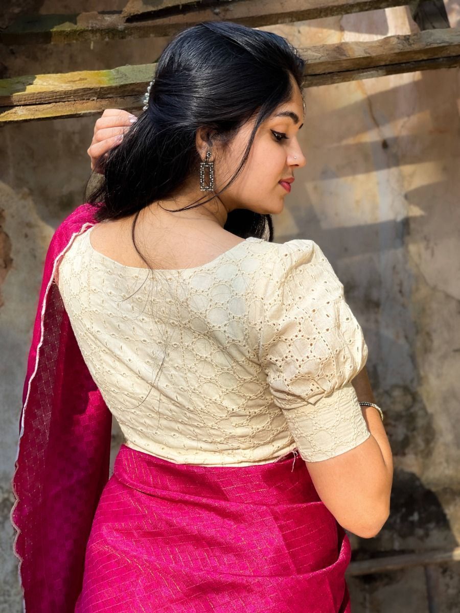 Pink Color Cotton Silk Saree With White Blouse