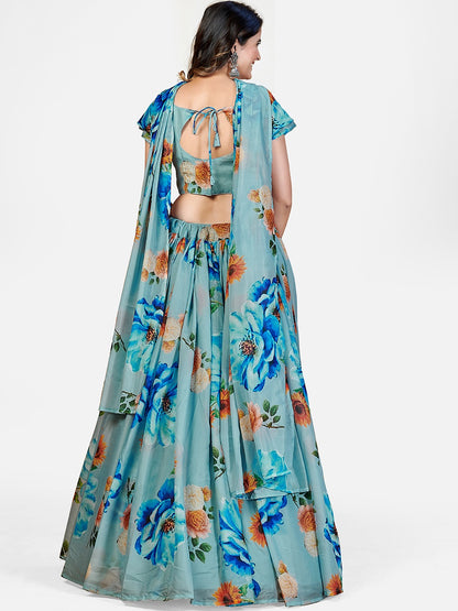 Blissful Turquoise Blue and Orange Printed Lehenga and Blouse With Dupatta