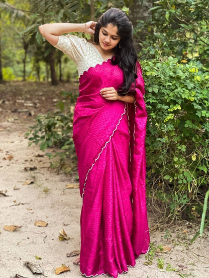 Pink Color Cotton Silk Saree With White Blouse