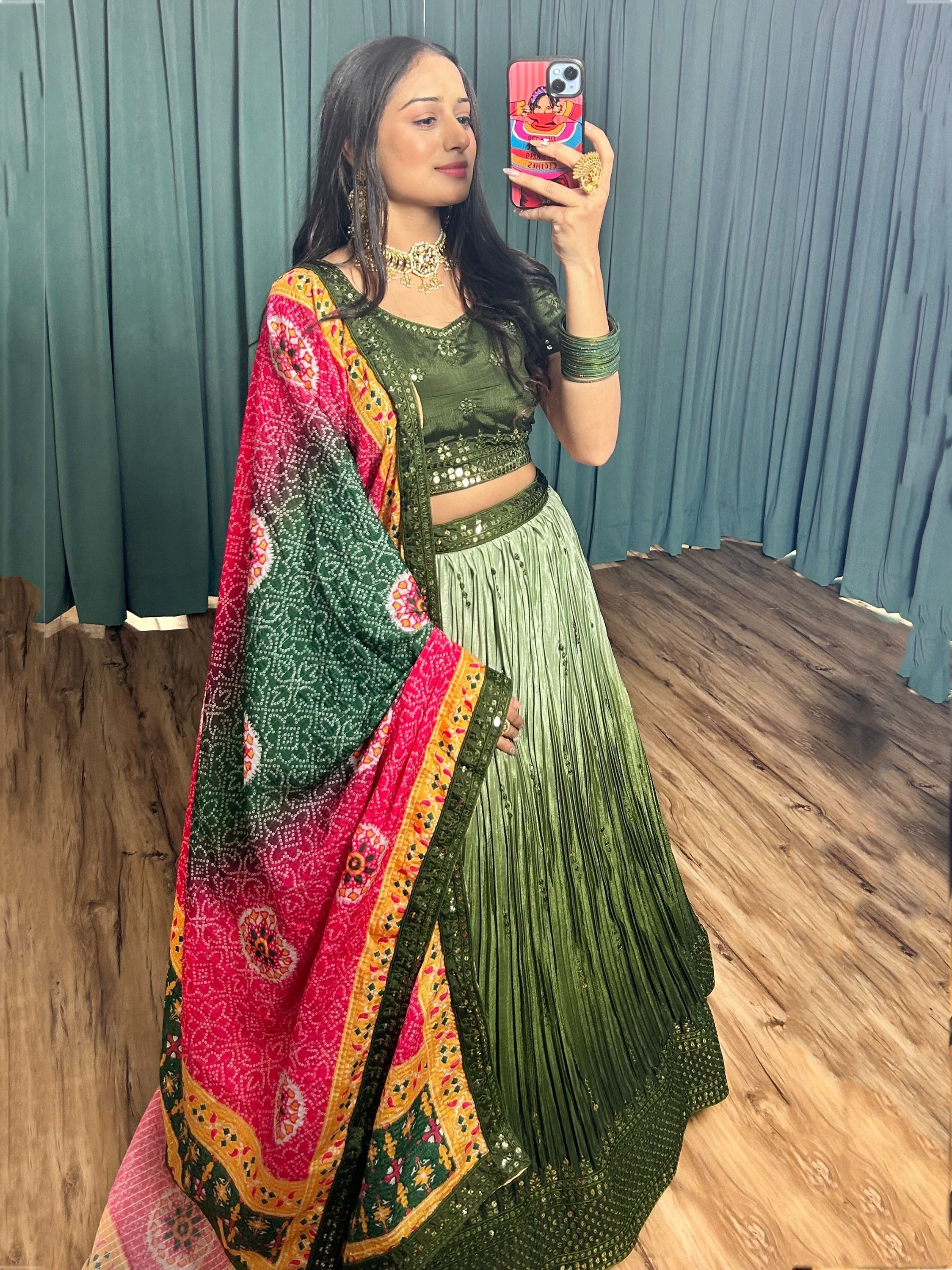 Two Tone Green Sequins Worked Chinon Navratri Lehenga Choli