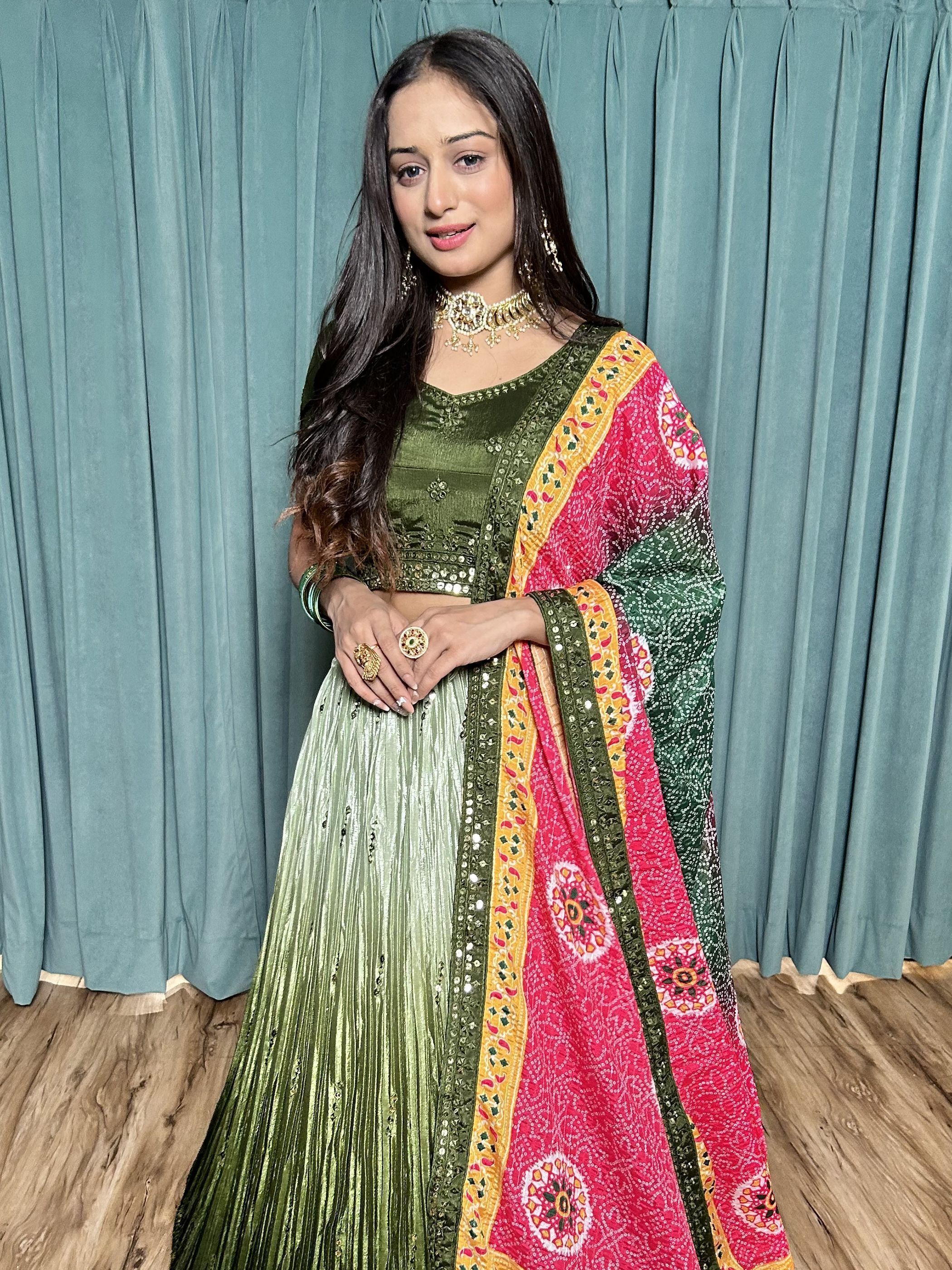 Two Tone Green Sequins Worked Chinon Navratri Lehenga Choli