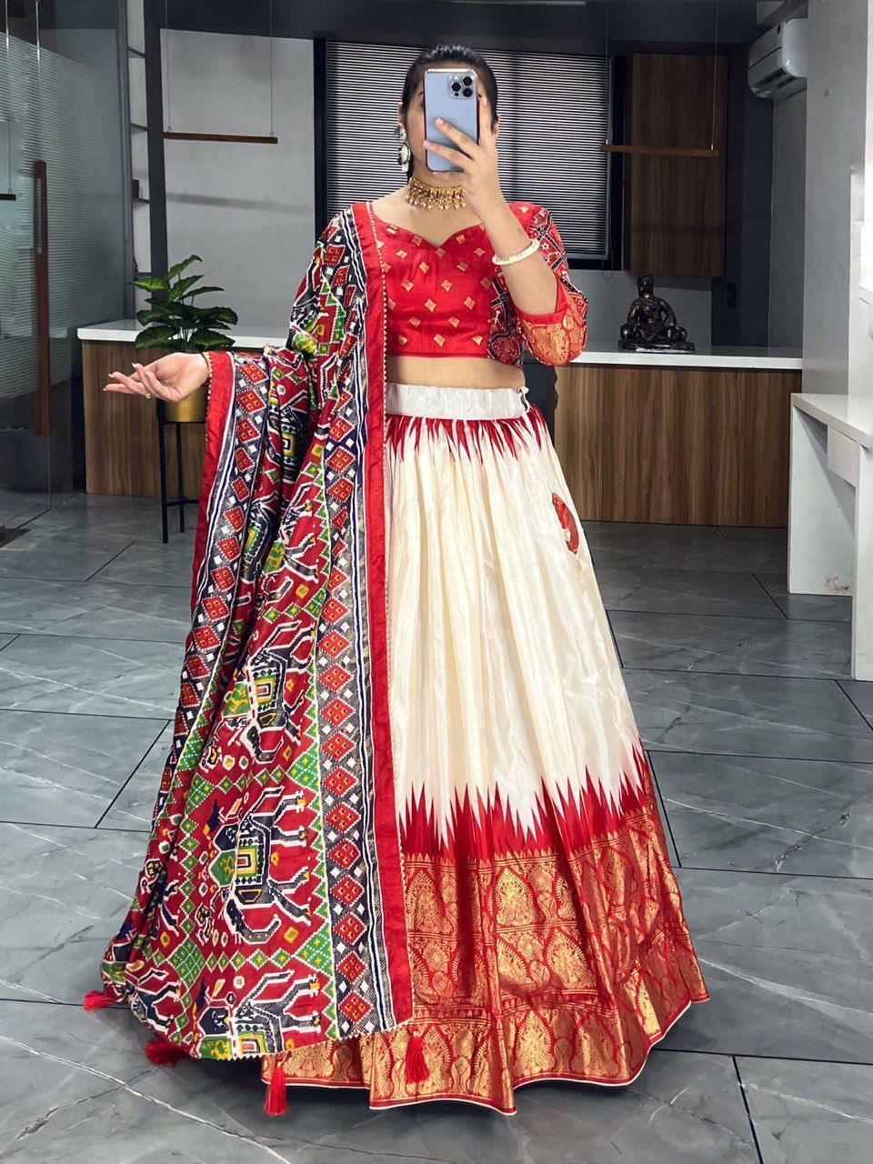 Off White & Red Printed Dola Silk Garba Special Chaniya Choli