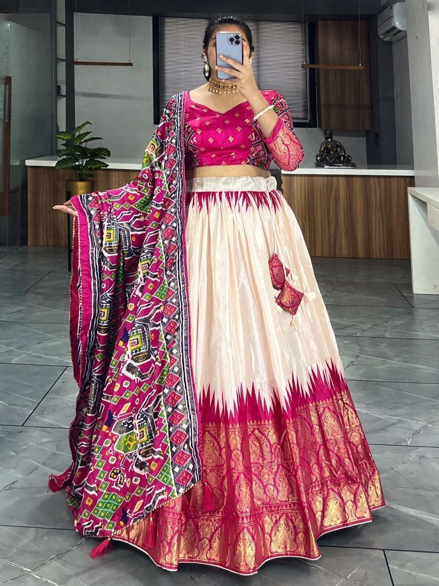 Off White & Pink Printed Dola Silk Garba Special Chaniya Choli