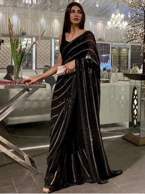 Sable Black Fully Sequenced Georgette Saree With Blouse