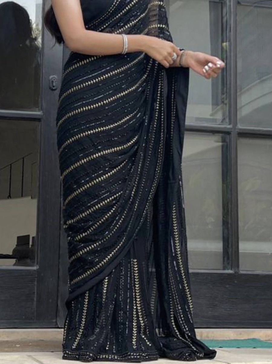 Sable Black Fully Sequenced Georgette Saree With Blouse