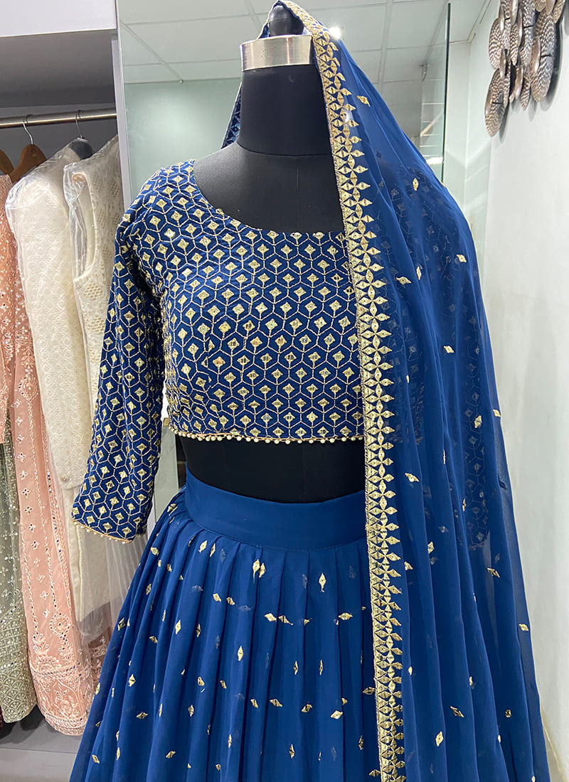Rama Blue Georgette Sequins Embroidered Sangeet Lehenga Choli