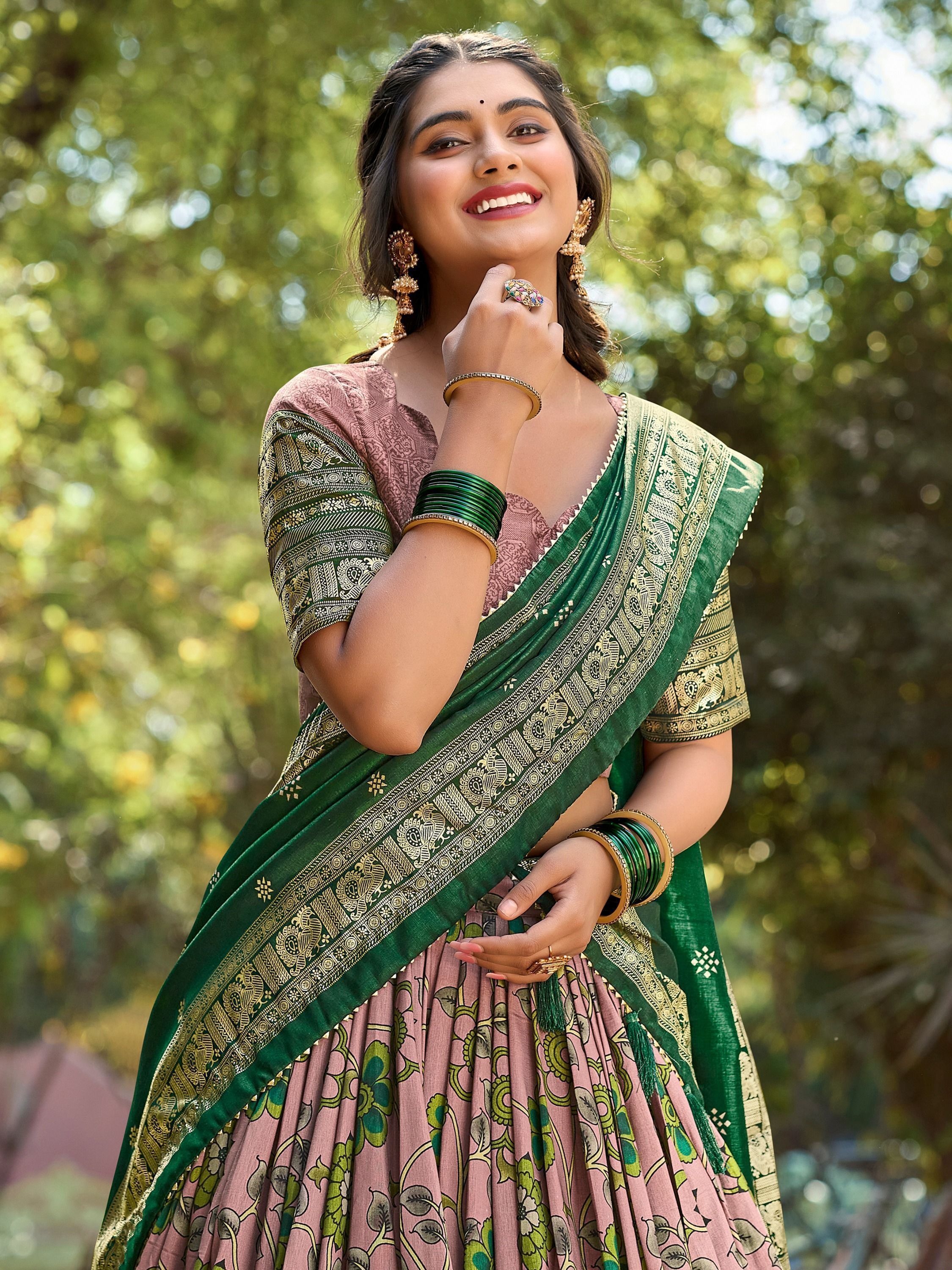 Light Mauve Tussar Silk Kalamkari Printed Festive Wear Lehenga Choli