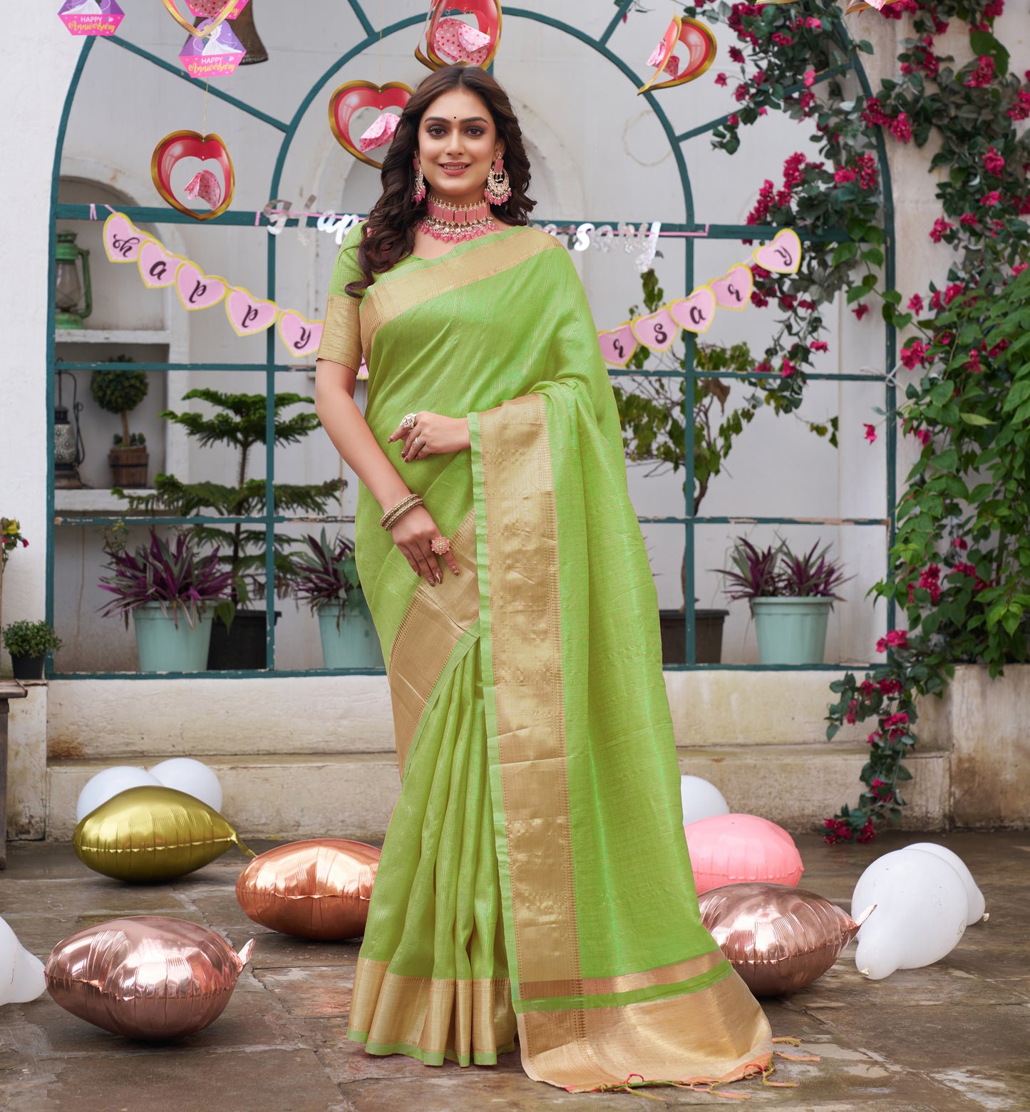Sumitra Green Silk Couple Wear Saree with Kurta