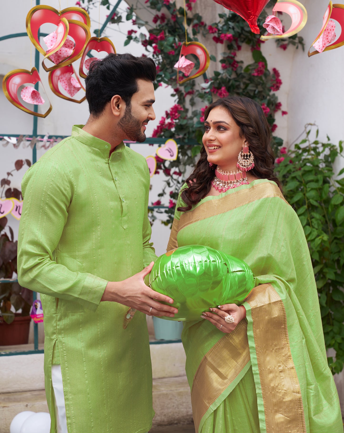 Sumitra Green Silk Couple Wear Saree with Kurta