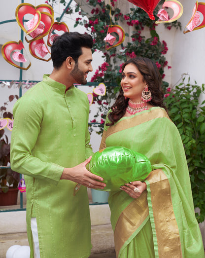 Sumitra Green Silk Couple Wear Saree with Kurta